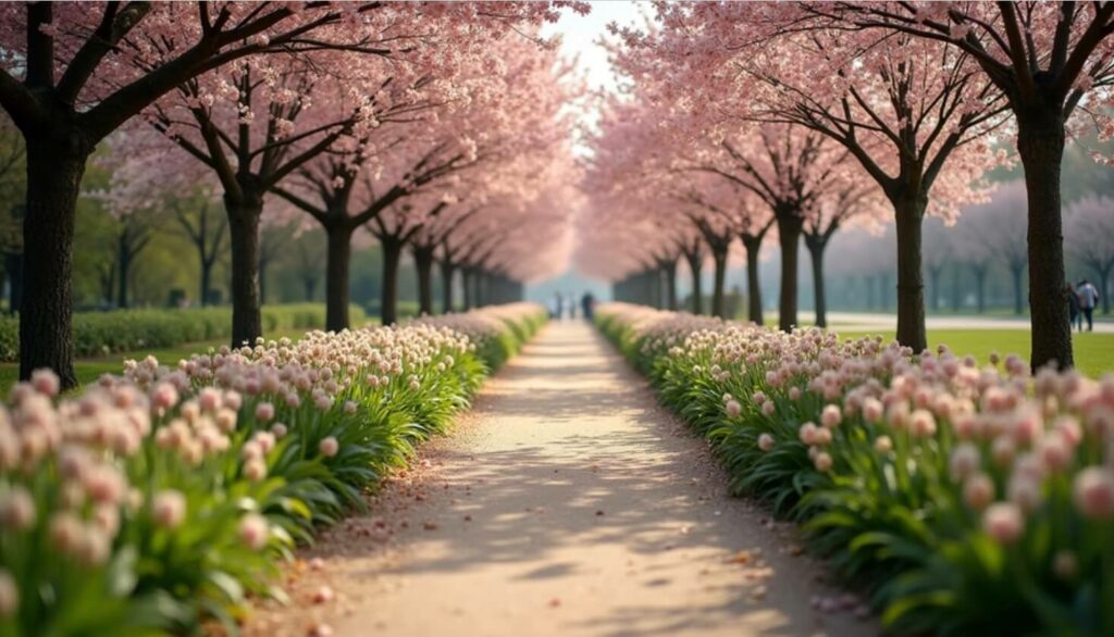 vue en plongée d’un sentier fleuri dans un parc parisien au printemps